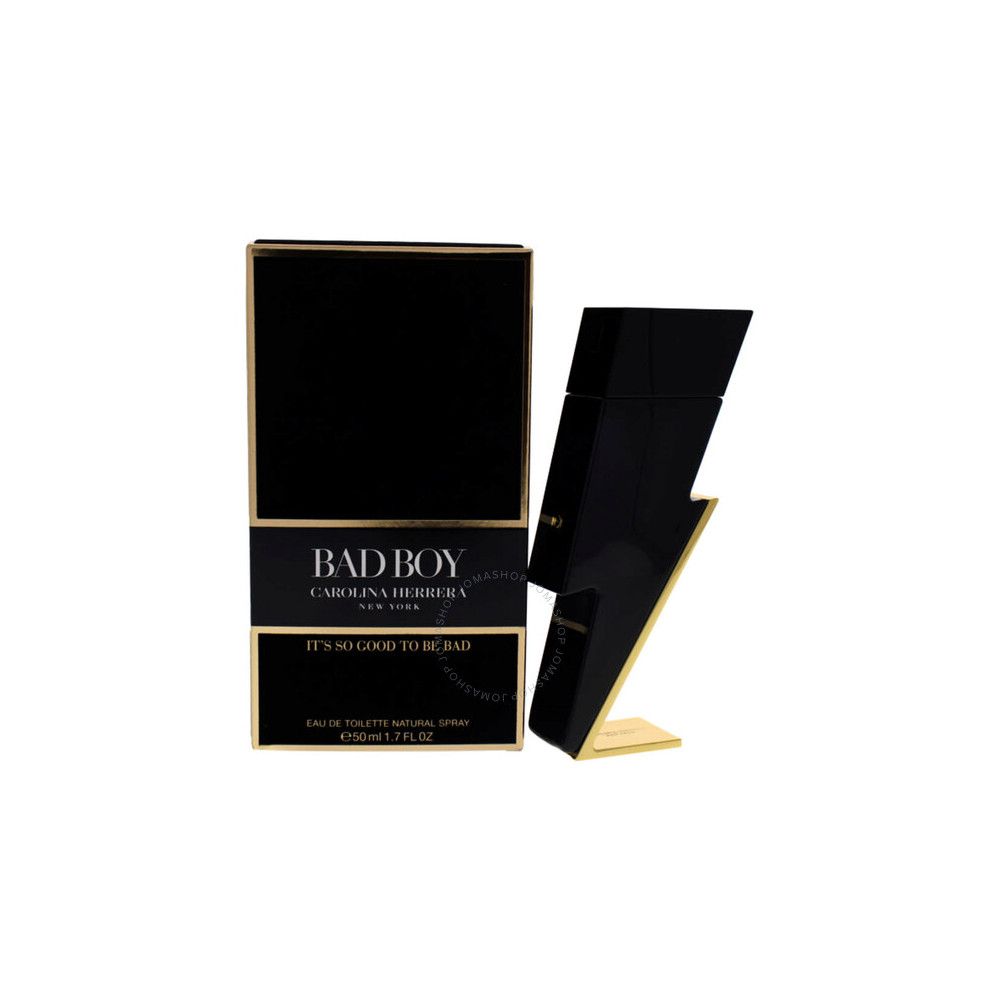 Flacon noir en forme d'éclair et emballage. Accents dorés. Inscription : BAD BOY, Eau de Toilette.