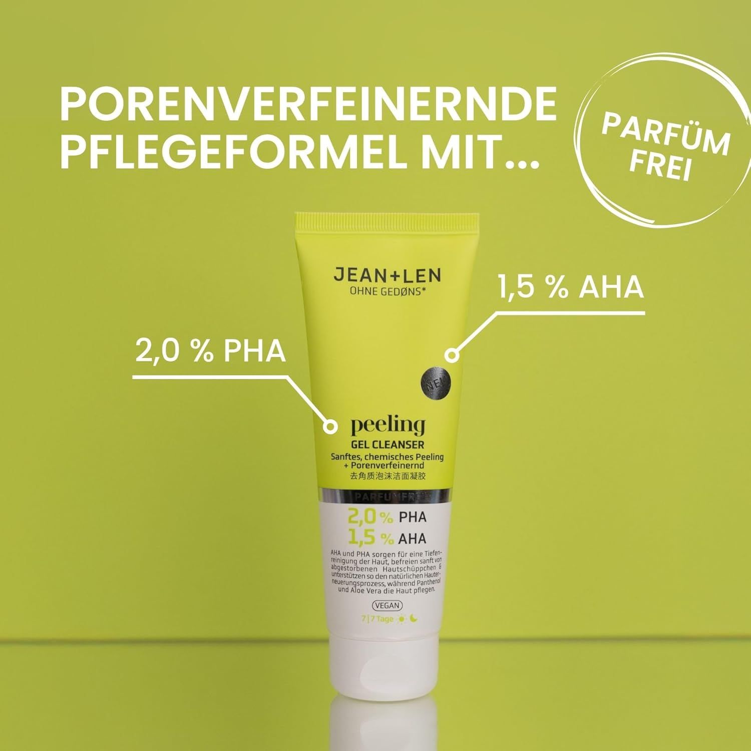 Tube de gel nettoyant jaune. Contient 2,0% PHA et 1,5% AHA. Inscription "Parfumfrei".