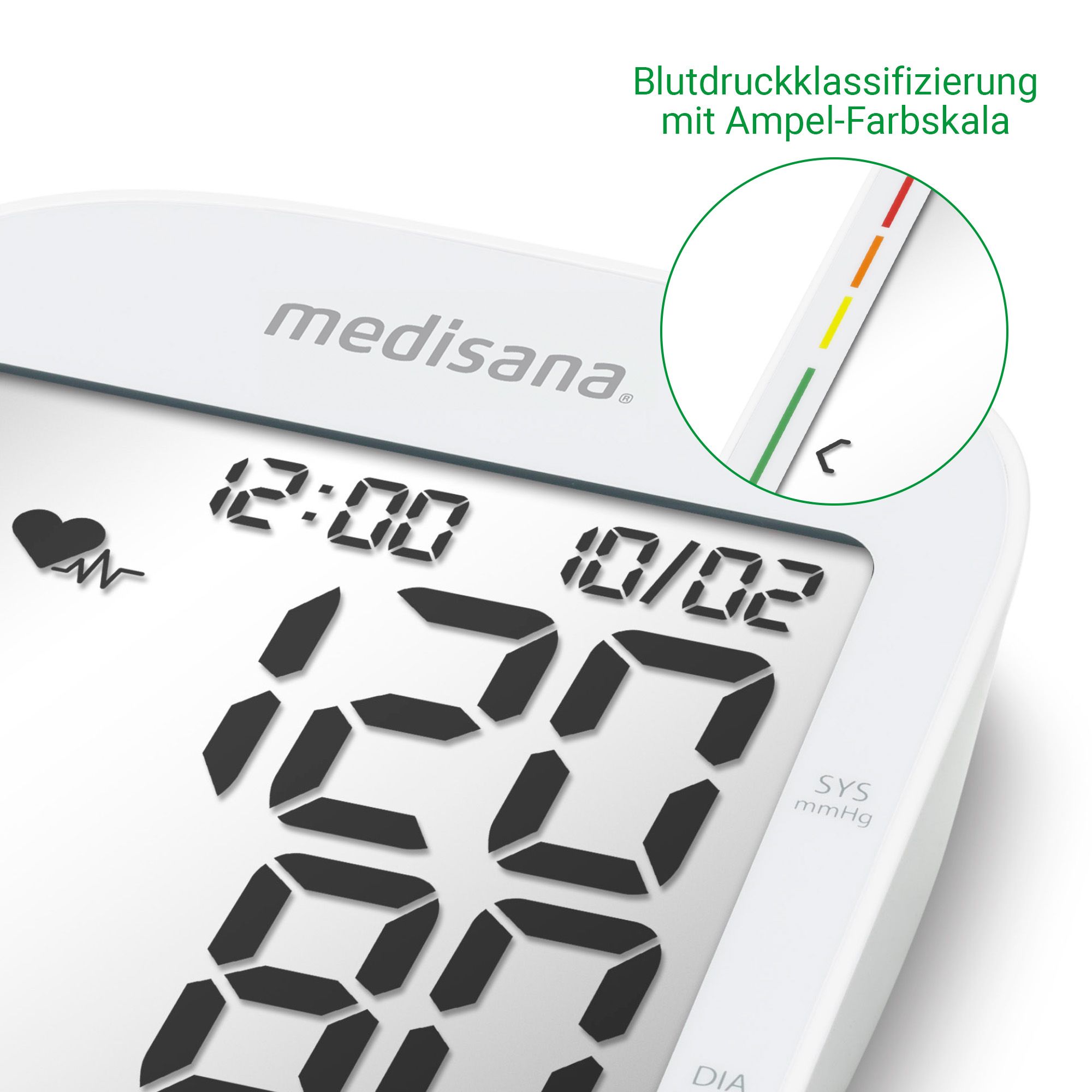 Close-up van het display van een Medisana bloeddrukmeter met kleurenschaal.