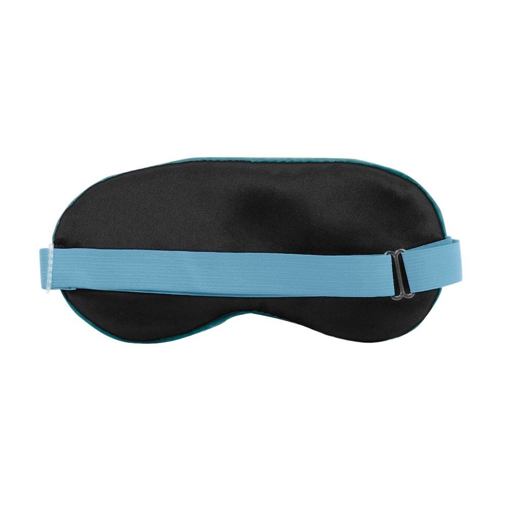Zwart slaapmasker met blauwe rand en elastiek. Achteraanzicht.