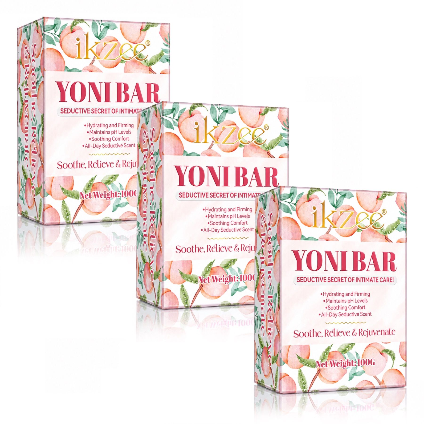 Trois paquets de savon Yoni Bar avec un design de pêche. Contient Hydrating and Firming, Maintains pH Levels, Soothing Comfort, All-Day Seductive Scent.