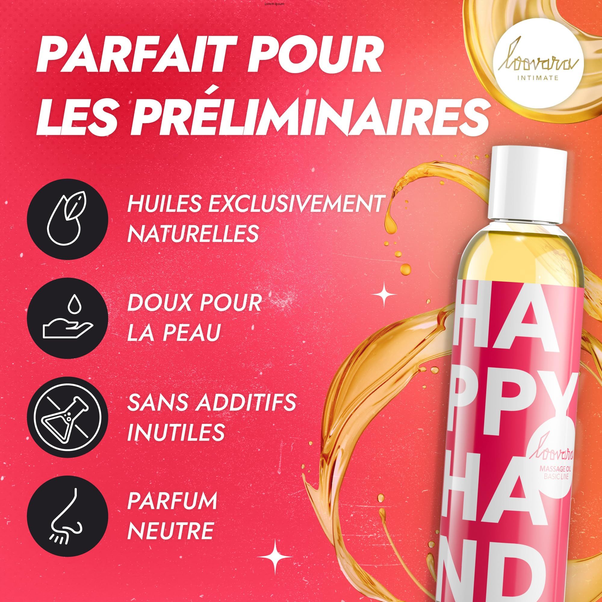 Bouteille d'huile de massage Loovara Happy Hand avec étiquette rouge et écriture blanche, entourée d'éclaboussures.