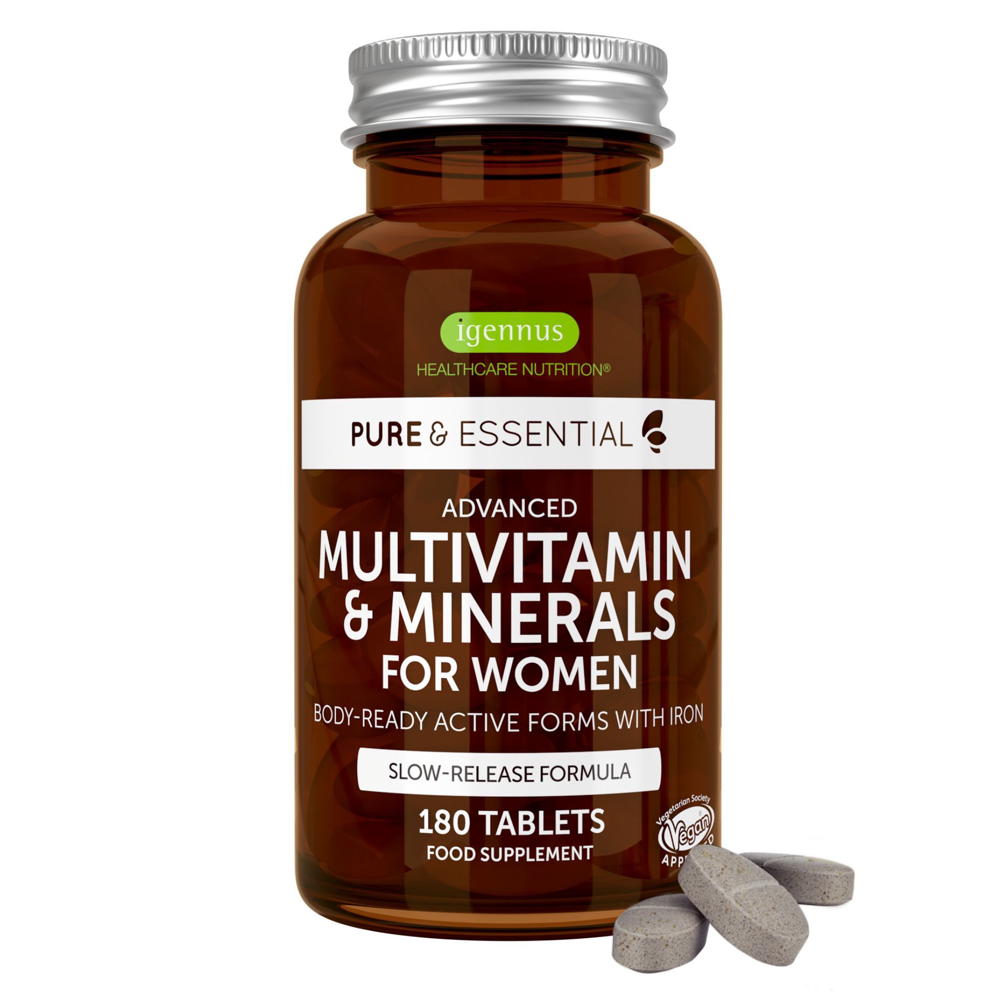 Bruine glazen fles met Igennus Multivitamin & Minerals for Women etiket. Drie pillen ervoor.