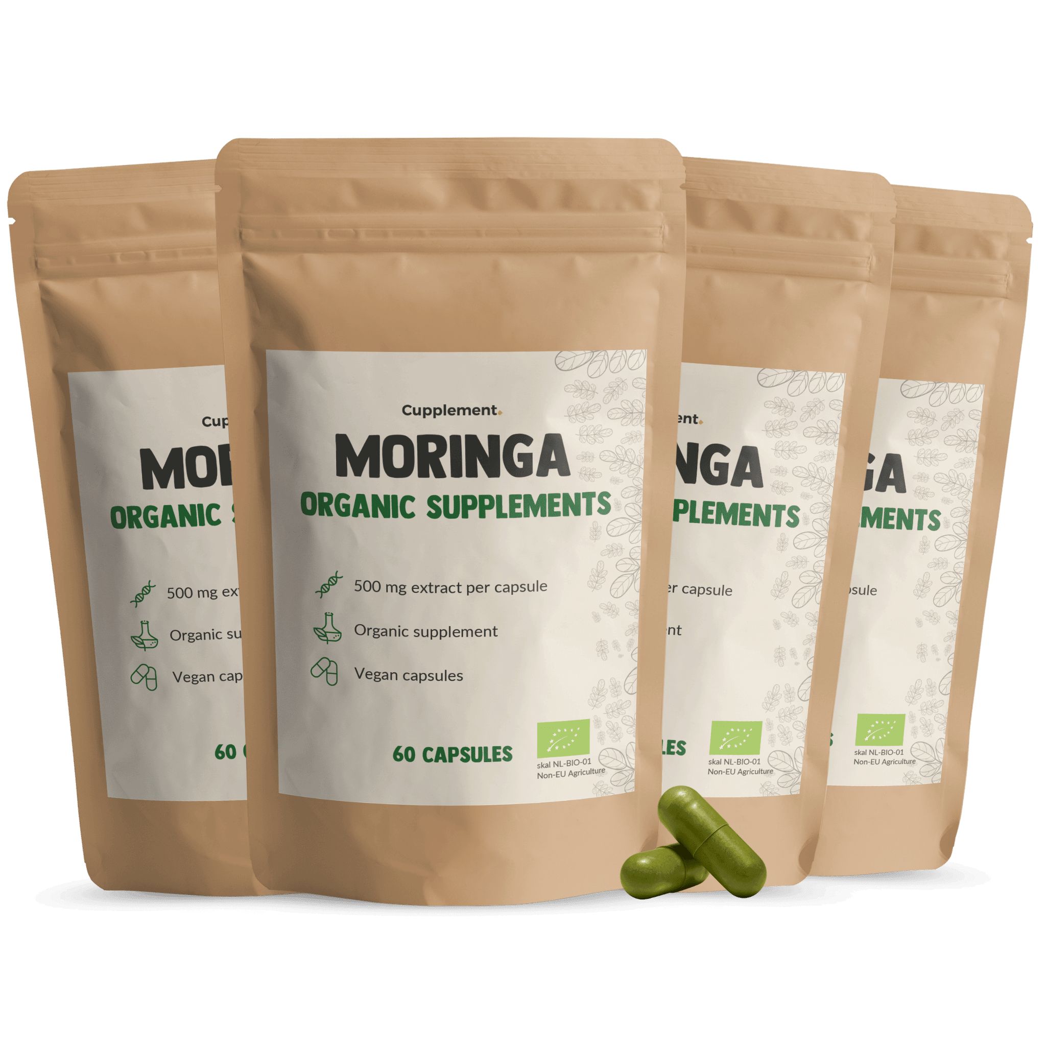 Meerdere zakjes met moringa capsules. Opschrift: Moringa Organic Supplements, 60 capsules. Twee capsules ernaast.