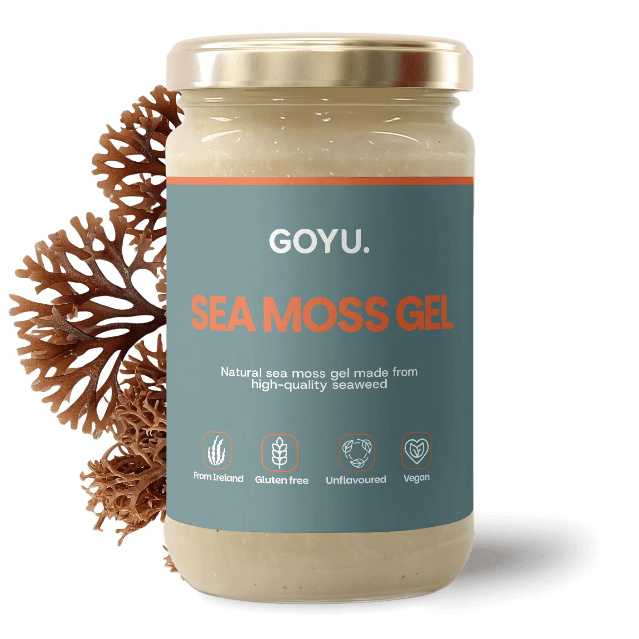 Pot de gel GOYU Sea Moss, algues brunes à côté. Inscription : Sea Moss Gel, à base d'algues irlandaises, sans gluten, végétalien.