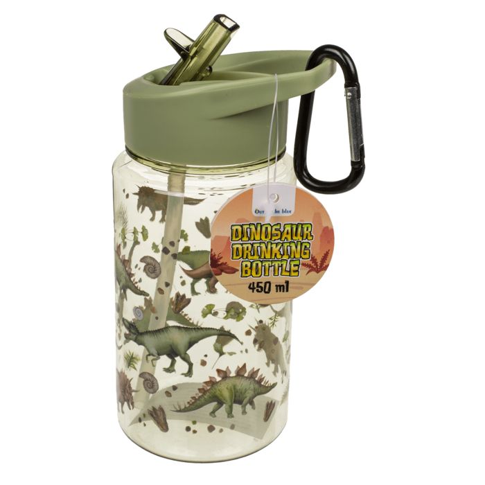 Drinkfles met dinosaurusmotief, groene dop, rietje en label. Label met tekst: Dinosaur Drinking Bottle 450 ml.