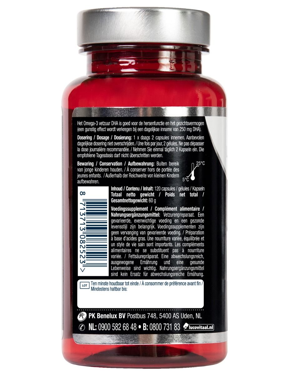 Achterkant fles met tekst. Bevat informatie over dosering, ingrediënten en houdbaarheid.
