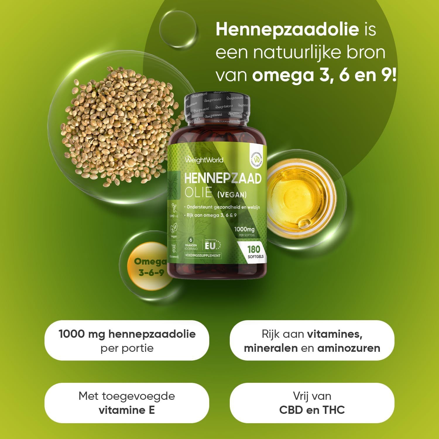 Fles WeightWorld Hennepzaadolie (Vegan) met etiket waarop 180 softgels en 1000mg staat.