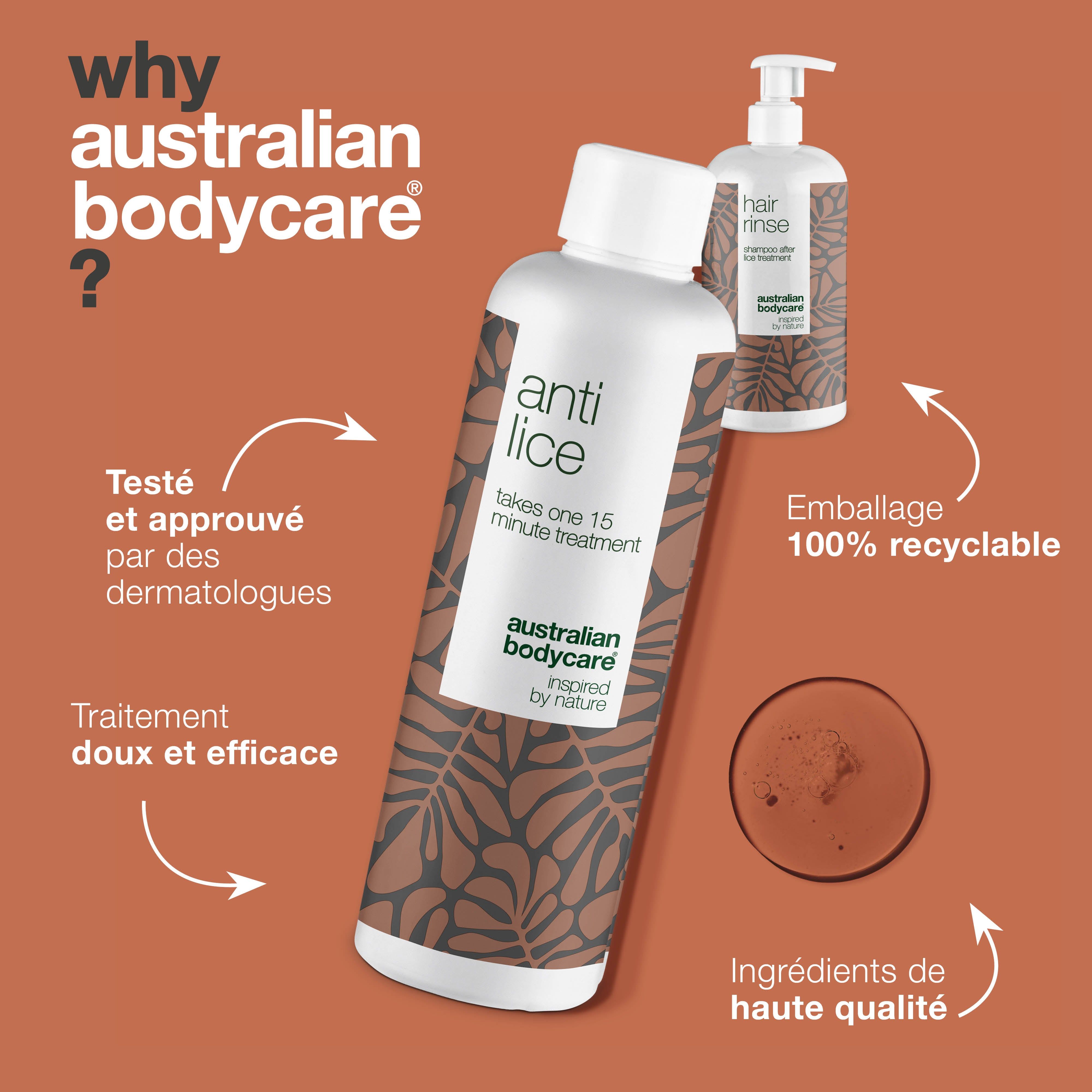Deux flacons : « anti lice » et « hair rinse ». Marque : Australian Bodycare. Texte : « Why Australian Bodycare ? »
