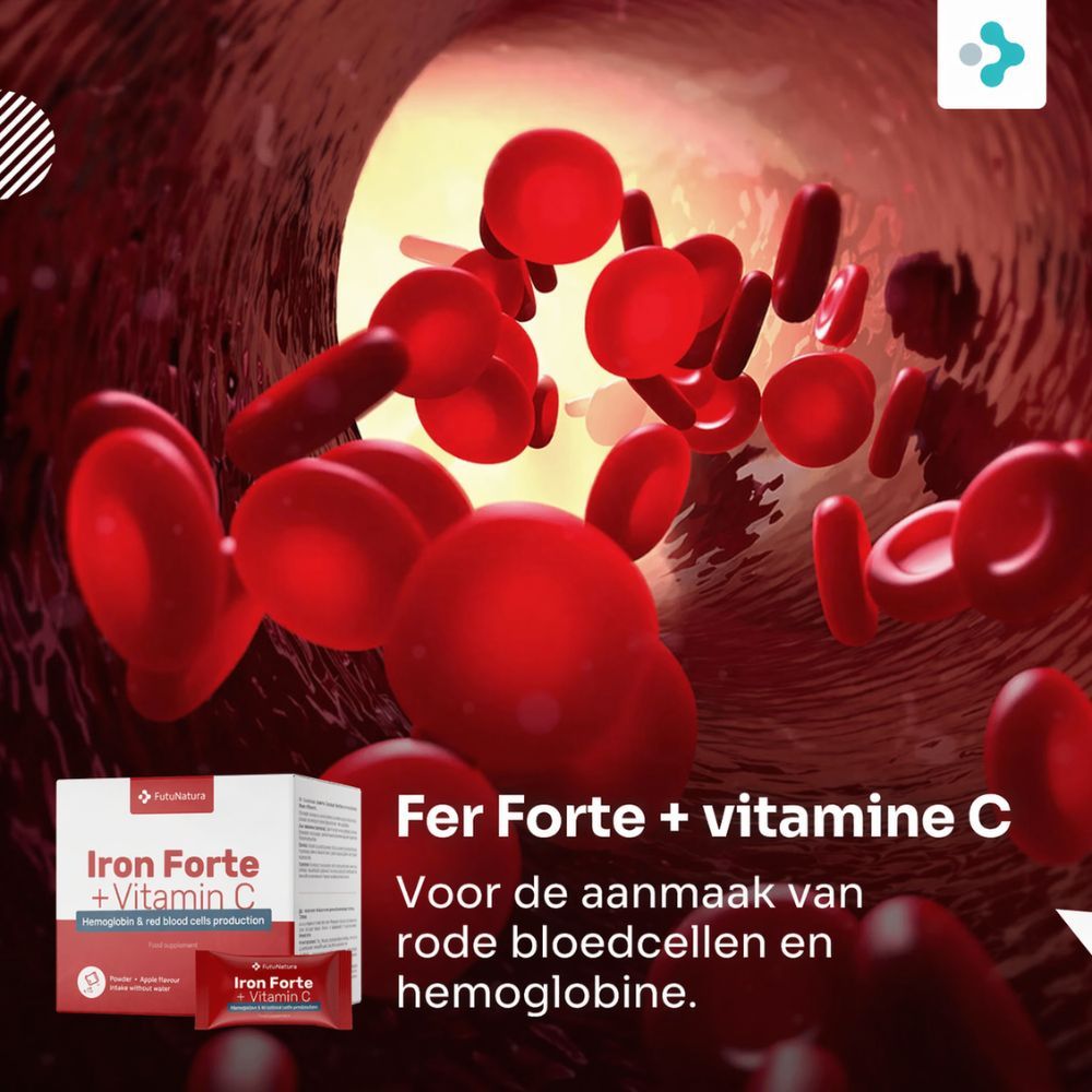 Rode bloedcellen in een bloedvat. FutuNatura IJzer Forte + Vitamine C verpakking.