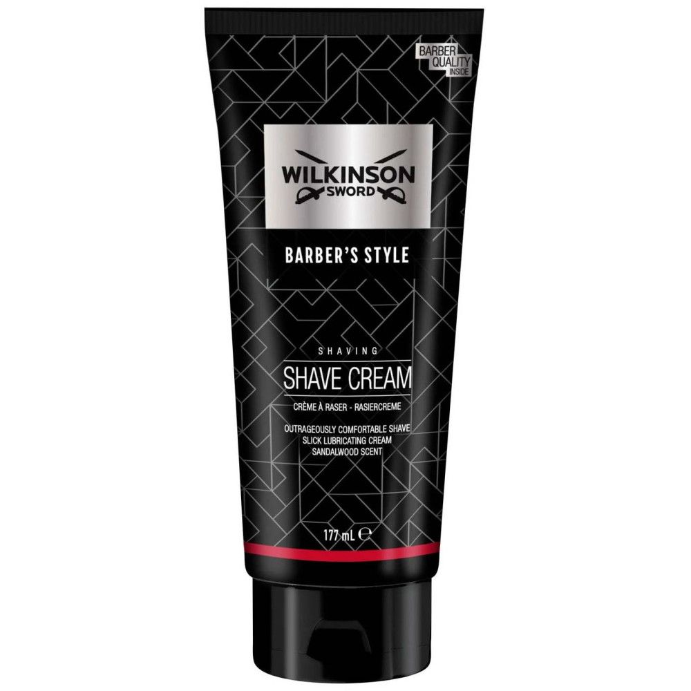Tube de crème à raser. Tube noir avec logo blanc et texte "Barber's Style". "Shaving Shave Cream" et "177 ml" visibles.
