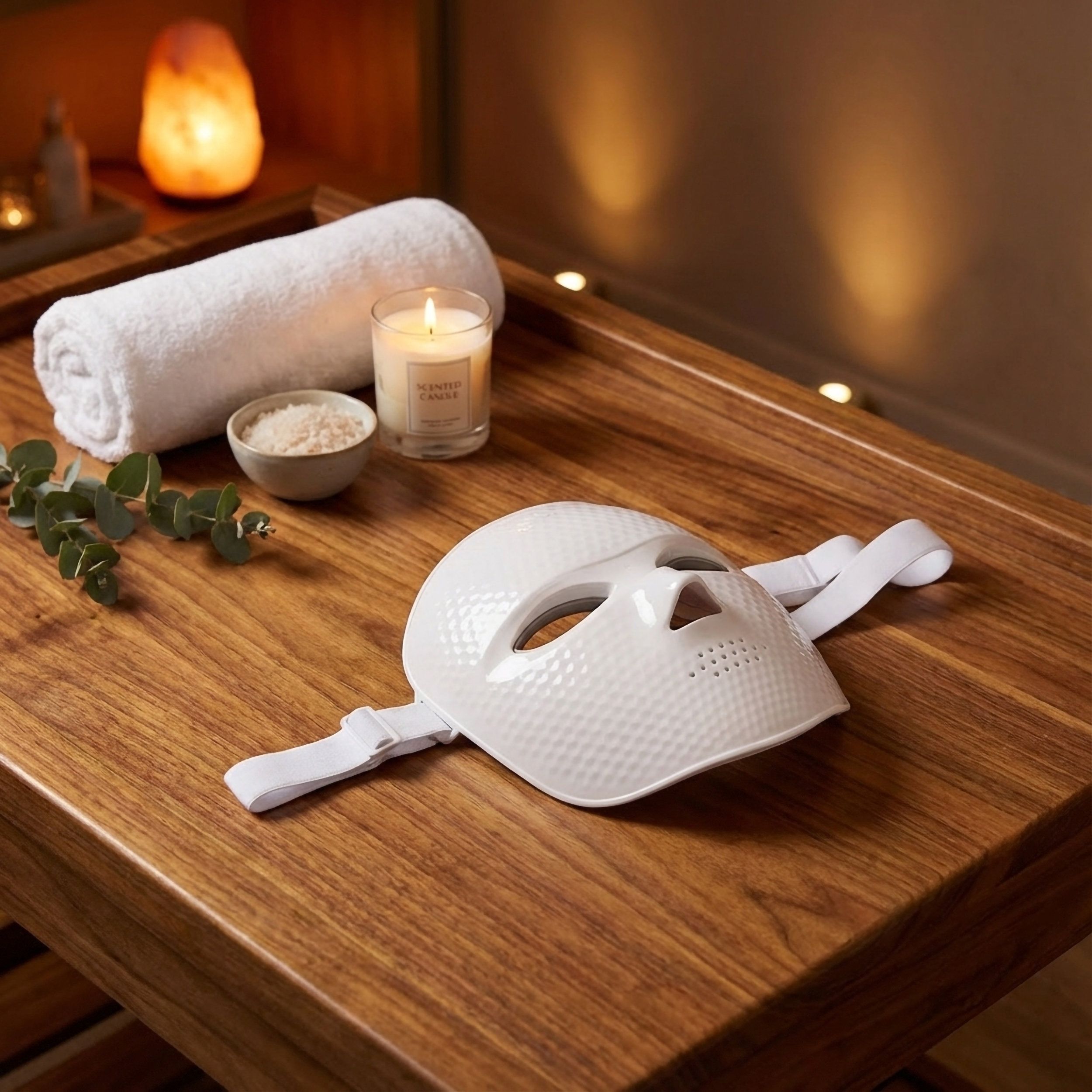 Wit LED-gezichtsmasker op een houten oppervlak. Honingraatoppervlak en witte band.