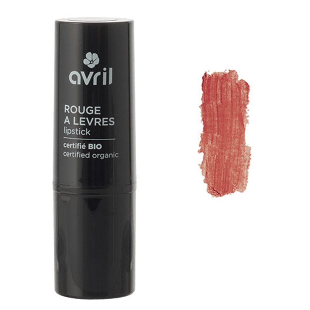 Rouge à lèvres Avril, certifié bio, dans un étui noir. À côté, une trace de rouge à lèvres rose-rouge. Inscription: Rouge à Lèvres.