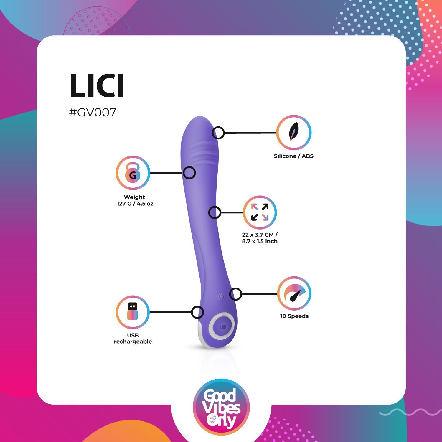 Paarse vibrator met technische specificaties. Tekst: "LICI", "#GV007", gewicht, afmetingen, materiaal, snelheid, USB-opladen.