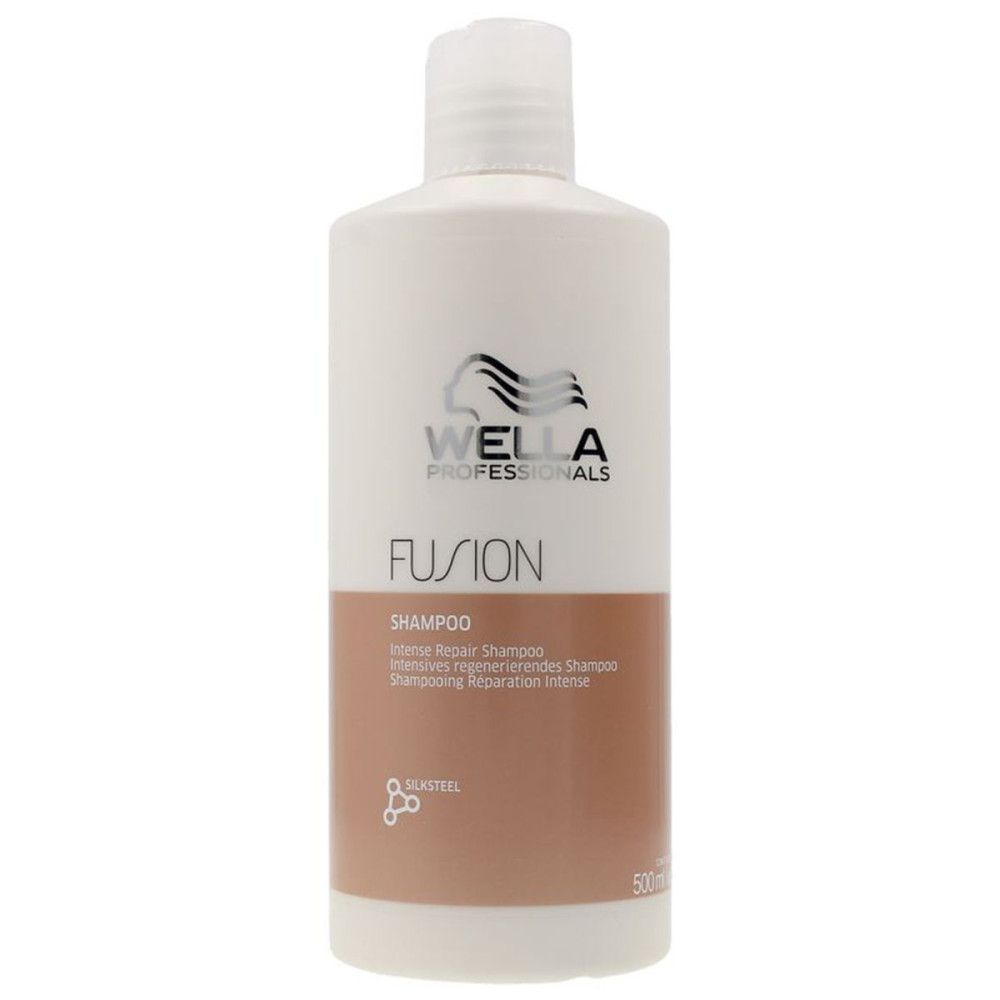 Flacon de shampooing blanc avec section marron. Inscription : WELLA PROFESSIONALS, FUSION, Shampoo, Intense Repair Shampoo. 500 ml.