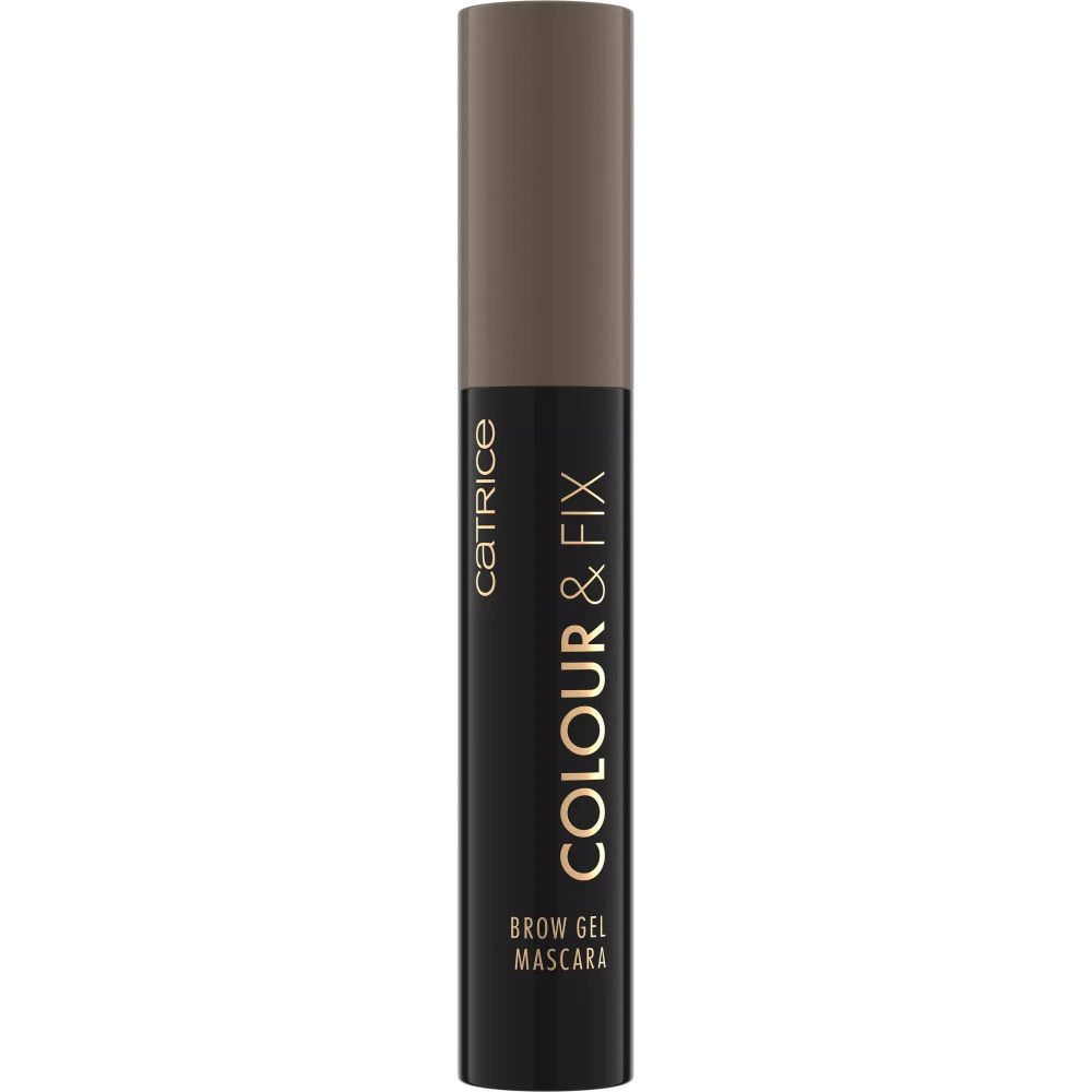 Catrice wenkbrauwgel mascara. Zwarte tube met gouden tekst. Bruine dop.