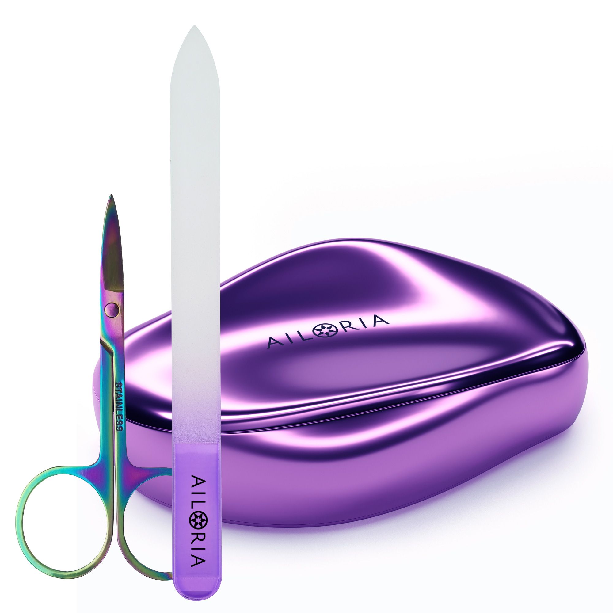Ensemble avec lime à pieds, ciseaux et étui. Étui et lime violets, ciseaux multicolores. Logo AILORIA sur l'étui et la lime.