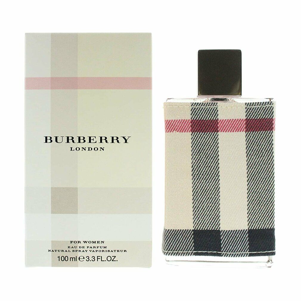 Fles en verpakking met ruitpatroon. Opschrift: Burberry London. Fles met zilveren dop. Verpakking met tekst.
