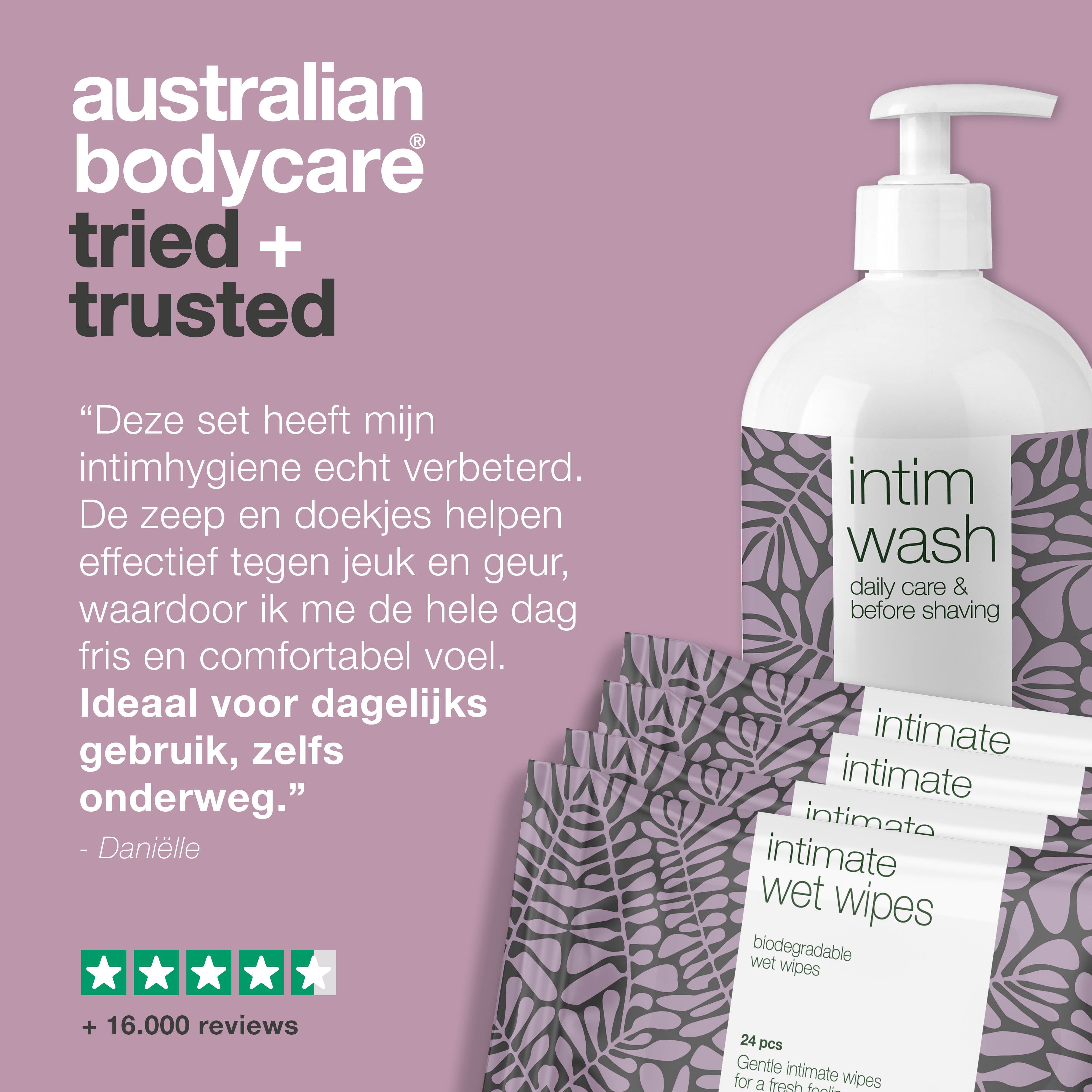 Getest en vertrouwd. Intieme wasgel en doekjes. Paarse achtergrond. Australian Bodycare.