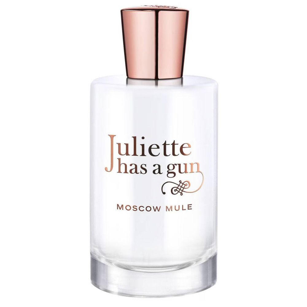 Parfumfles met roségouden dop. Opschrift: Juliette has a gun, Moscow Mule.