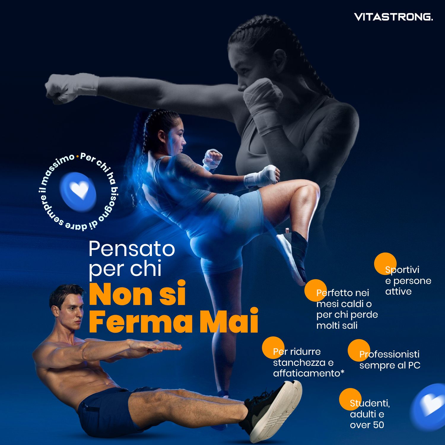 Vitastrong Magnesium & Kalium verpakking. Mensen die sporten. Tekst: Pensato per chi Non si Ferma Mai. Met iconen.