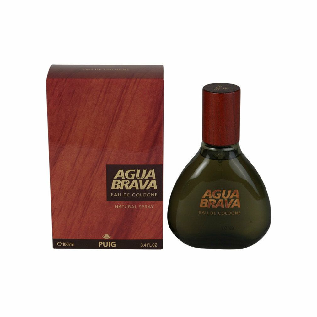 Agua Brava Eau de Cologne fles met houten dop naast een rode doos met houtnerf.