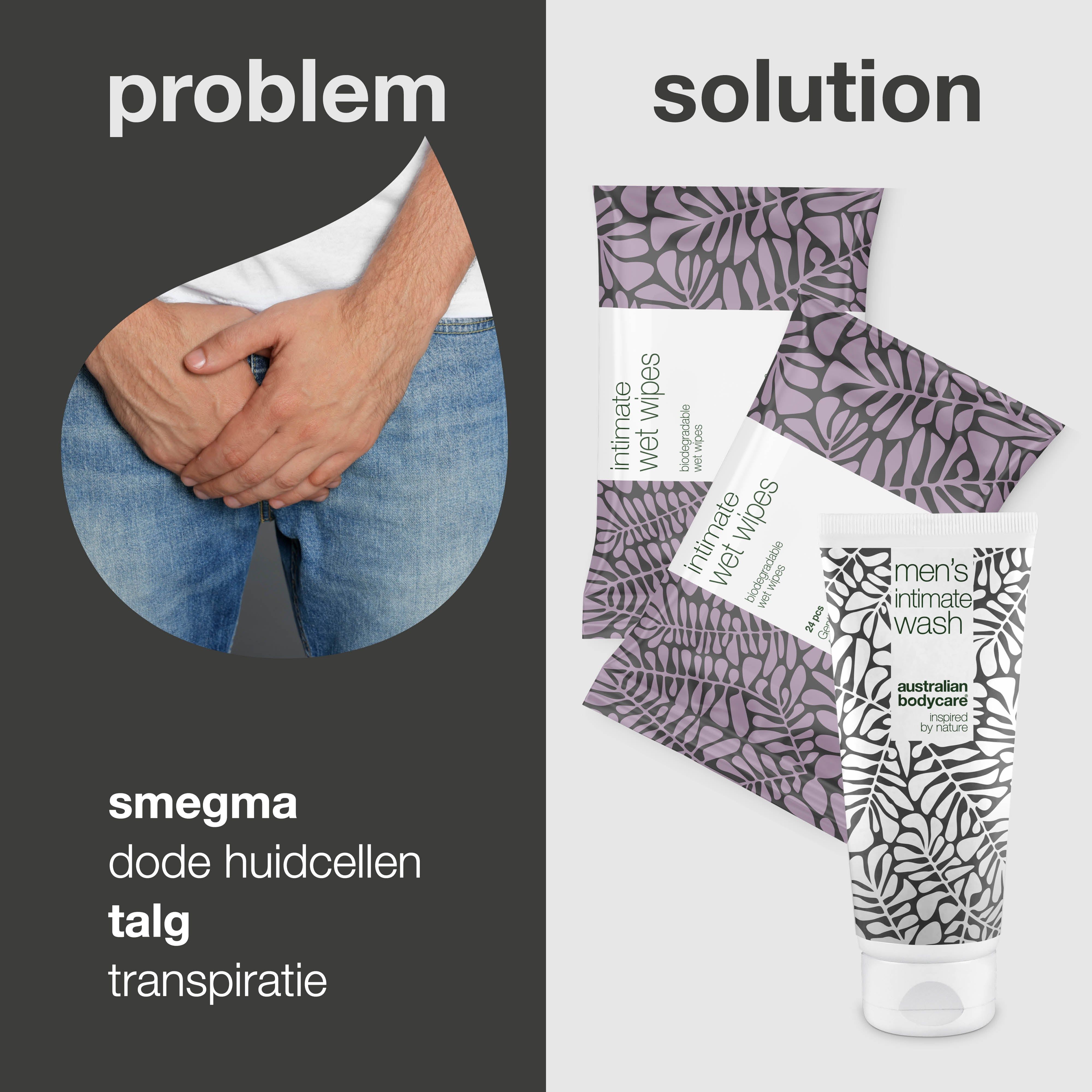 Probleem: man houdt schaamstreek vast. Oplossing: intieme wasgel en doekjes. Merk: Australian Bodycare.