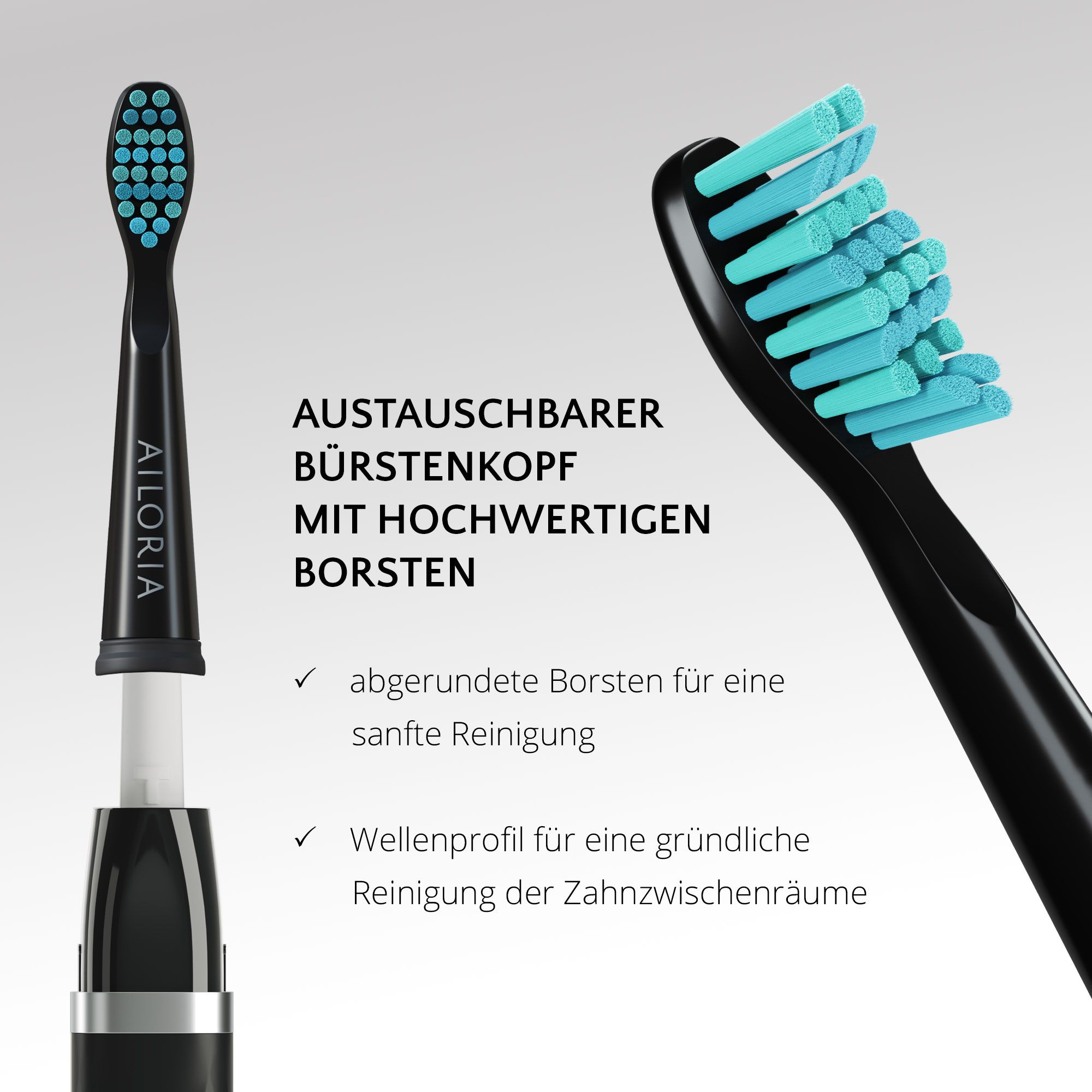 Gros plan sur la brosse à dents noire avec tête de brosse remplaçable. Soies arrondies. Profil ondulé.