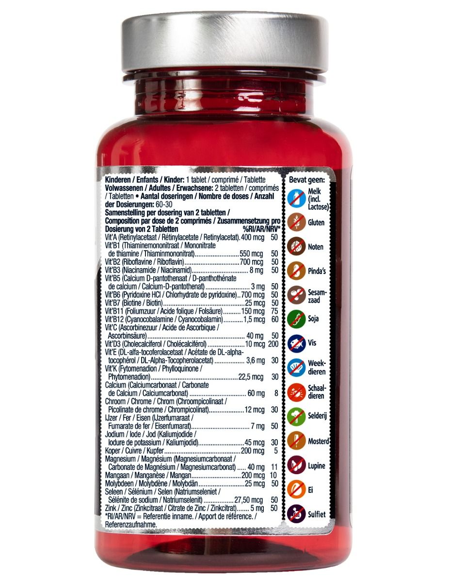 Dos du flacon 'Lucovitaal'. Informations sur ingrédients et valeurs nutritionnelles. Avec indications allergènes.