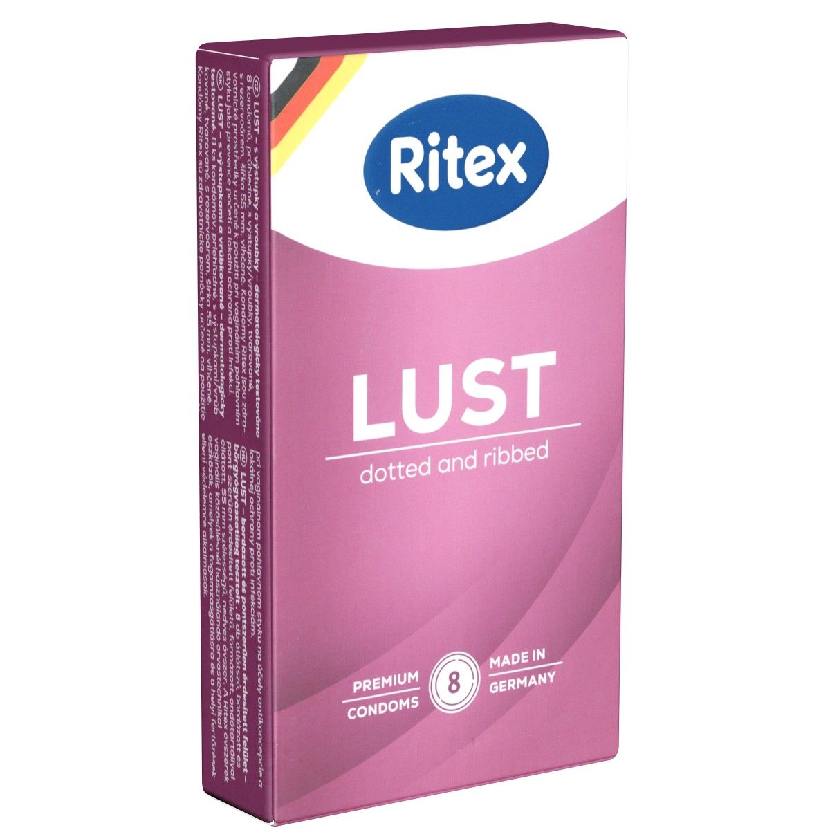 Boîte de préservatifs Ritex Lust, avec la mention "dotted and ribbed". Contient 8 préservatifs. Fabriqué en Allemagne.