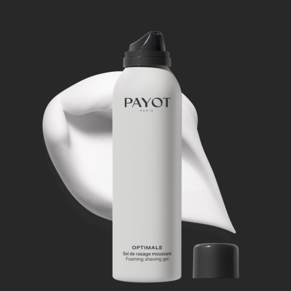 Witte fles met zwarte dop en schuim. Tekst: PAYOT, OPTIMALE Gel de rasage moussant, Foaming shaving gel. Dop ernaast.