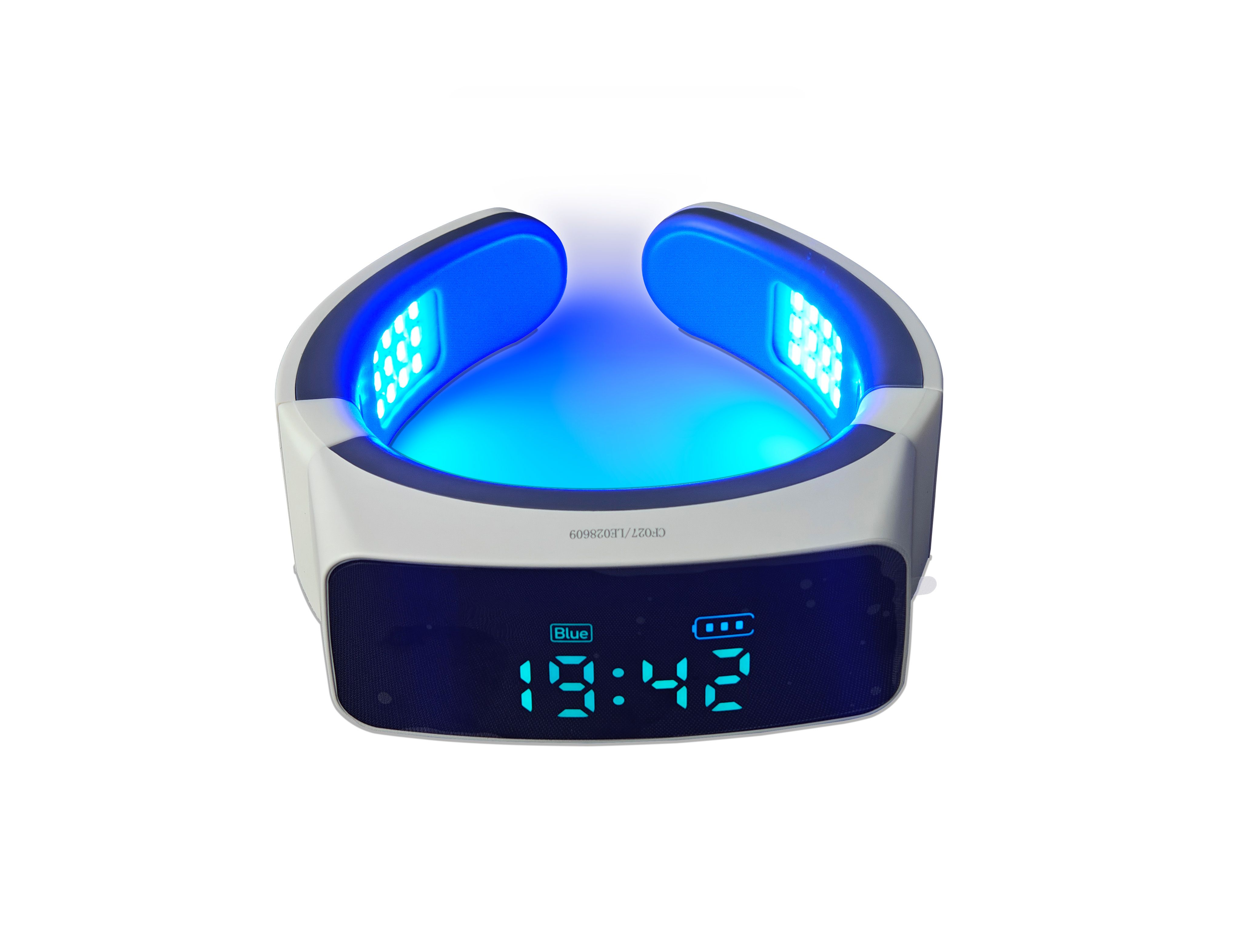 Appareil avec lumière bleue. Boîtier blanc, éléments gris. Affiche l'heure 19:42 et un indicateur de batterie. Lumières LED bleues.