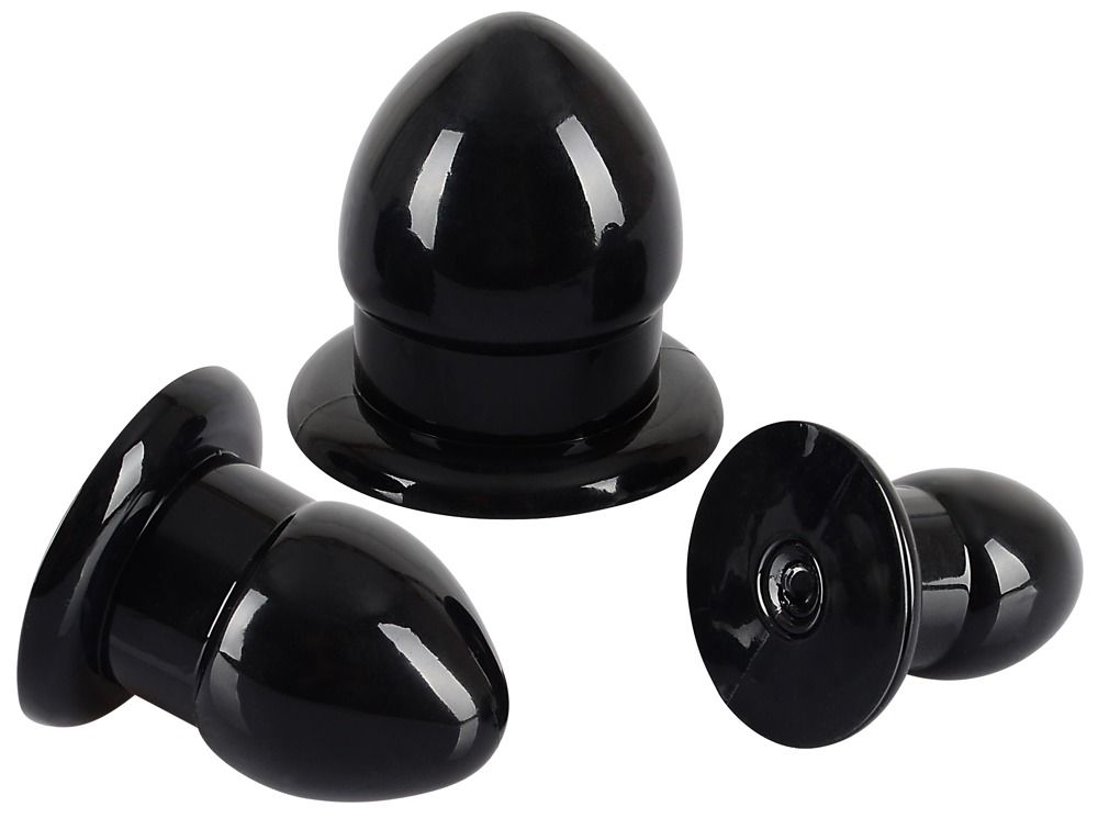 Emballage du kit de plugs d'étirement anal avec trois tailles de plugs noirs.