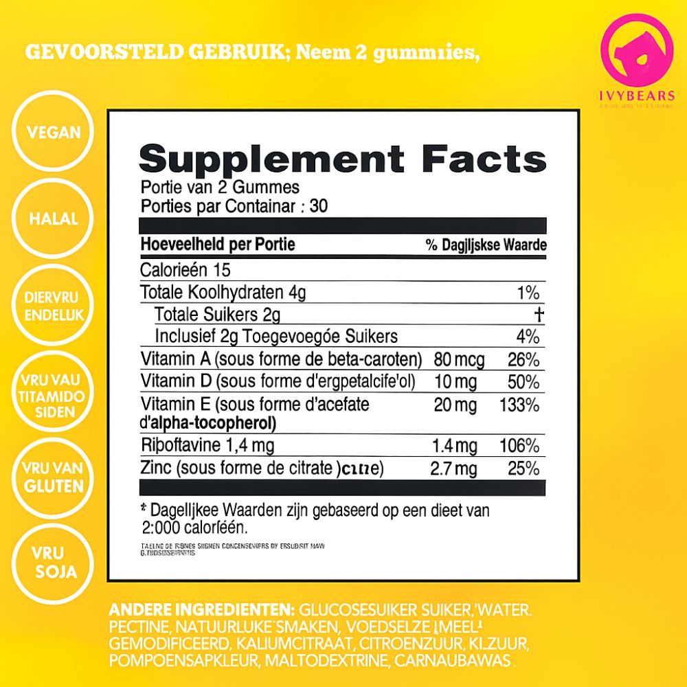 Voedingstabel op gele achtergrond. Bevat informatie over calorieën, koolhydraten, suikers, vitaminen en mineralen.