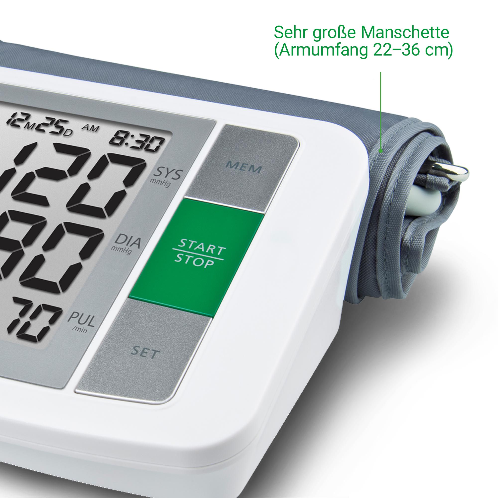 Close-up van de bovenarm bloeddrukmeter met zeer grote manchet (22-36 cm).