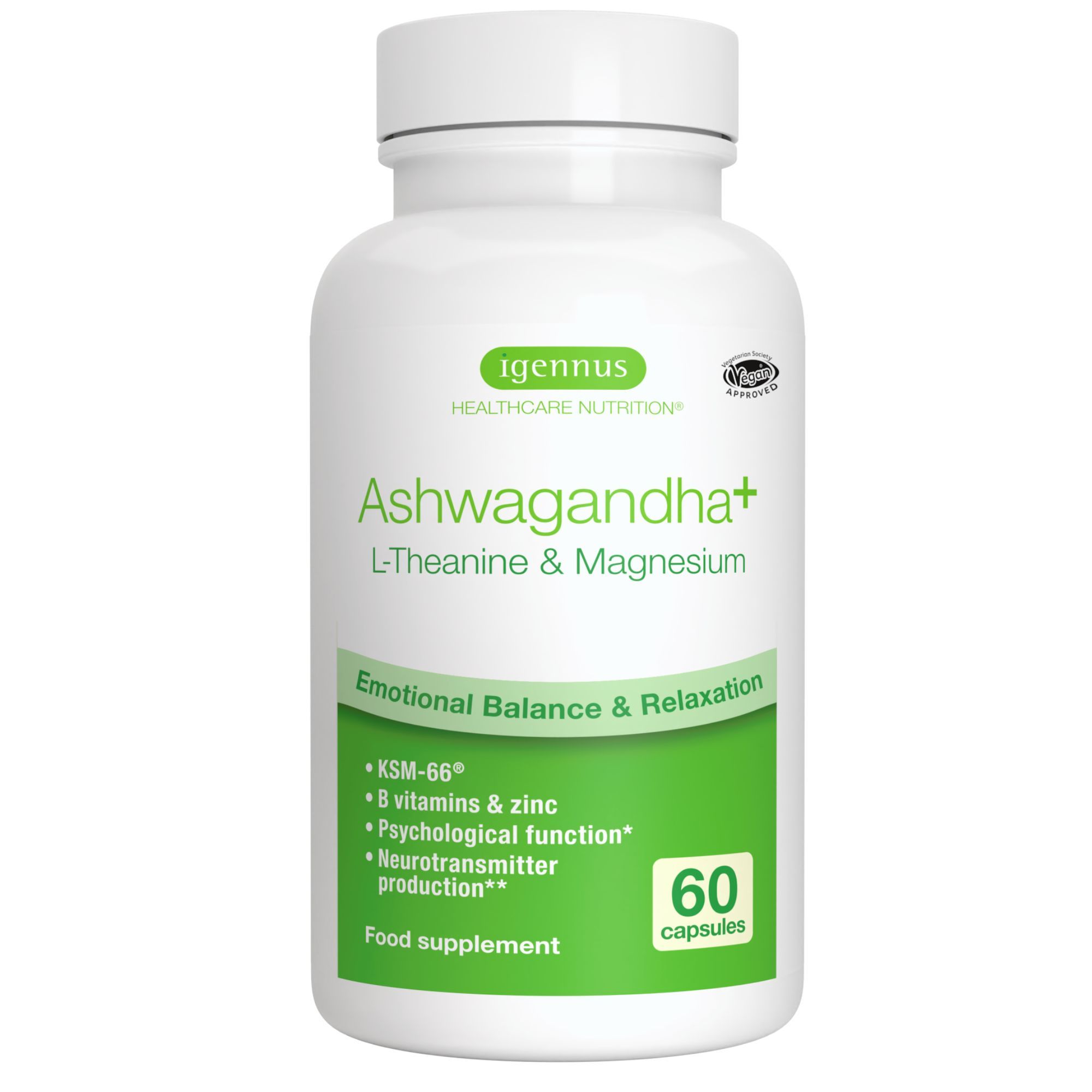 Pot blanc de capsules Igennus Ashwagandha, L-Théanine & Magnésium. 60 capsules.