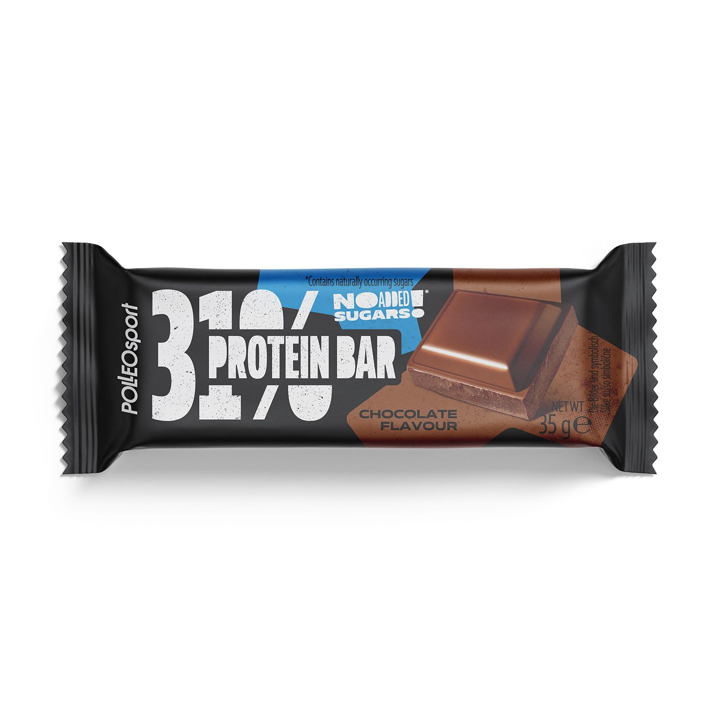 Barre protéinée saveur chocolat. Emballage noir avec texte blanc. Contient 31% de protéines. Poids : 35g.