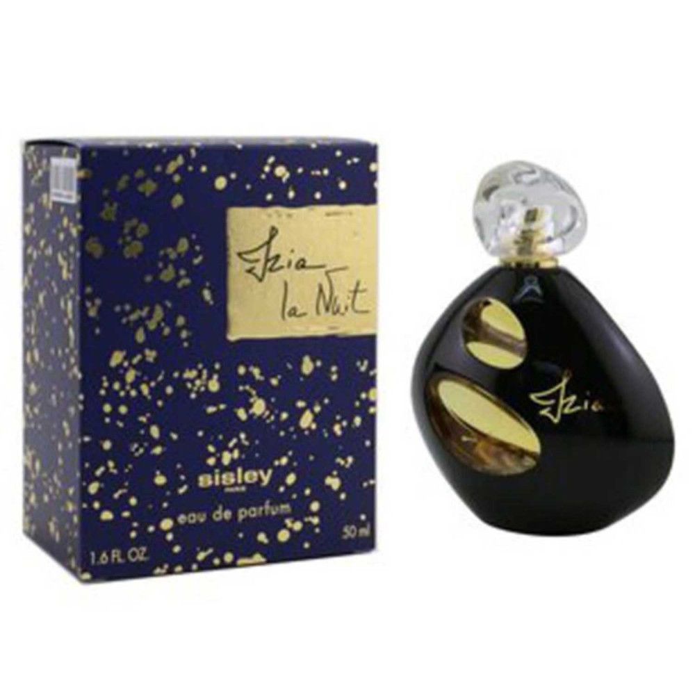 Flacon noir avec détails dorés et bouchon transparent. Boîte bleue à pois dorés et inscription.