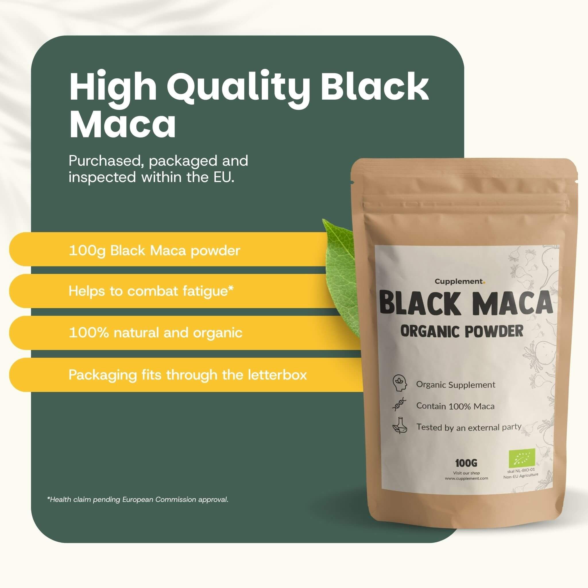 Sachet de poudre de maca noire. Inscription : Black Maca Organic Powder. 100g. Texte : 100g, naturel.