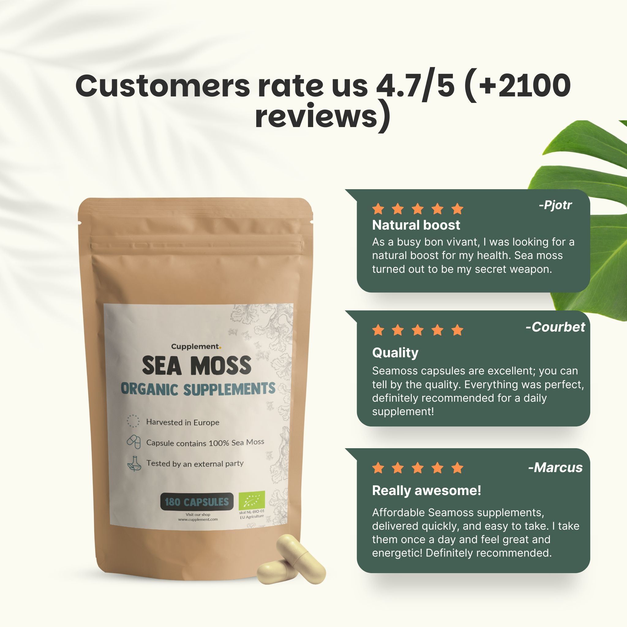Sachet Sea Moss Organic Supplements. 180 gélules. Emballage brun. Avis clients: 4.7/5. Texte: Boost naturel, qualité, génial!