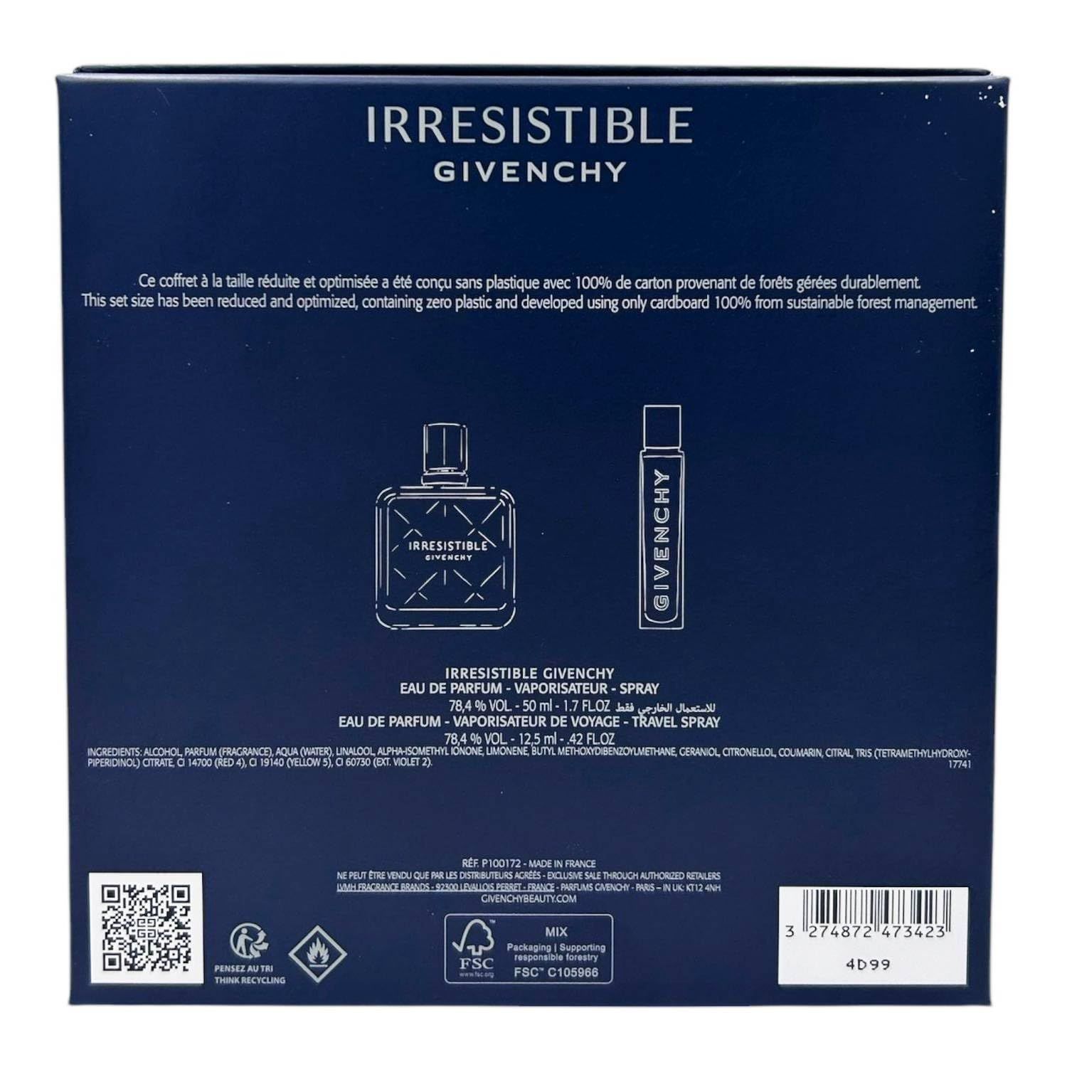 Donkerblauwe verpakking met productillustraties en tekst. Bevat twee flacons. Tekst: Irresistible Givenchy, Eau de Parfum, Travel Spray.