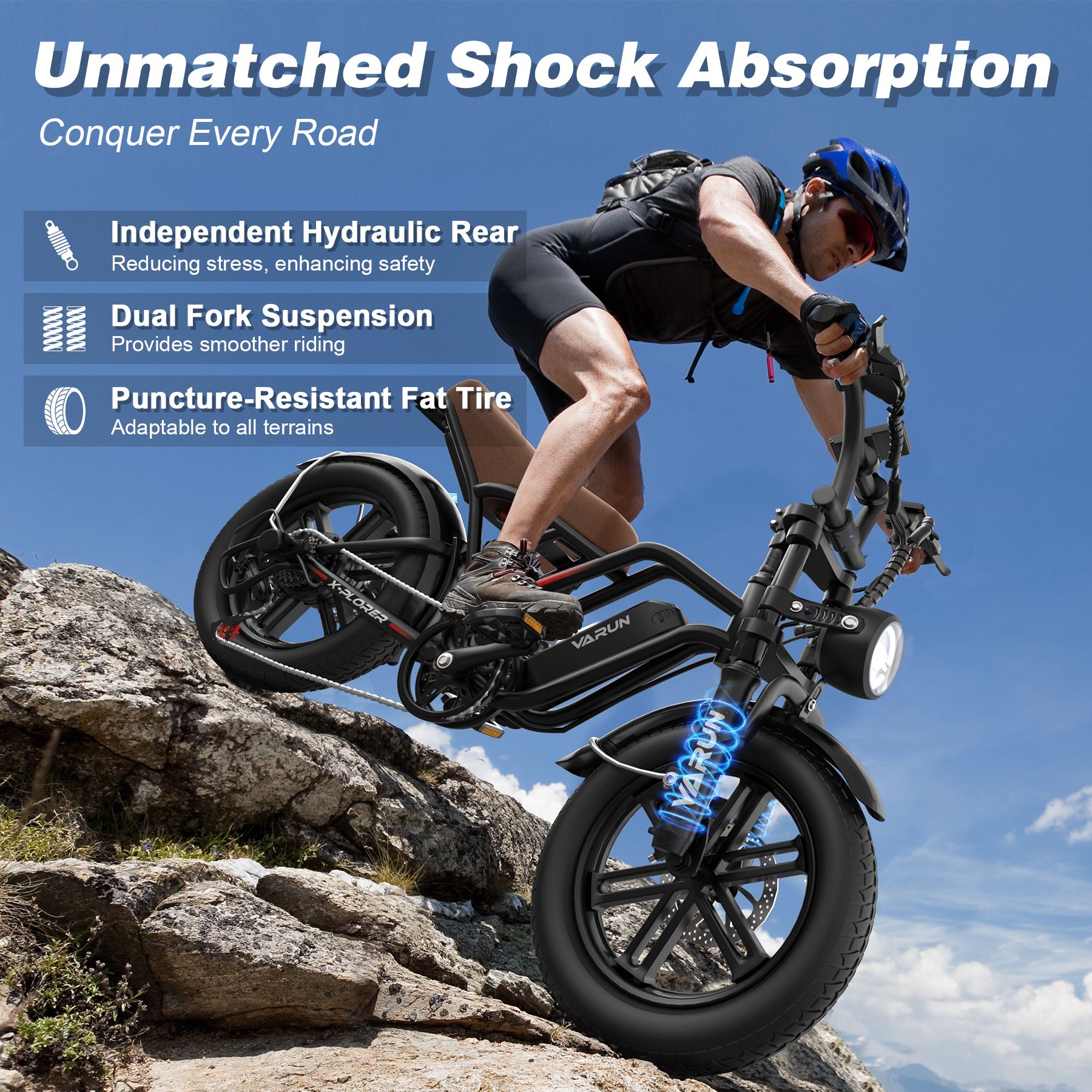 VARUN X-Plorer e-bike in actie op rotsachtig terrein. Tekst: Unmatched Shock Absorption, Independent Hydraulic Rear, Dual Fork Suspension.