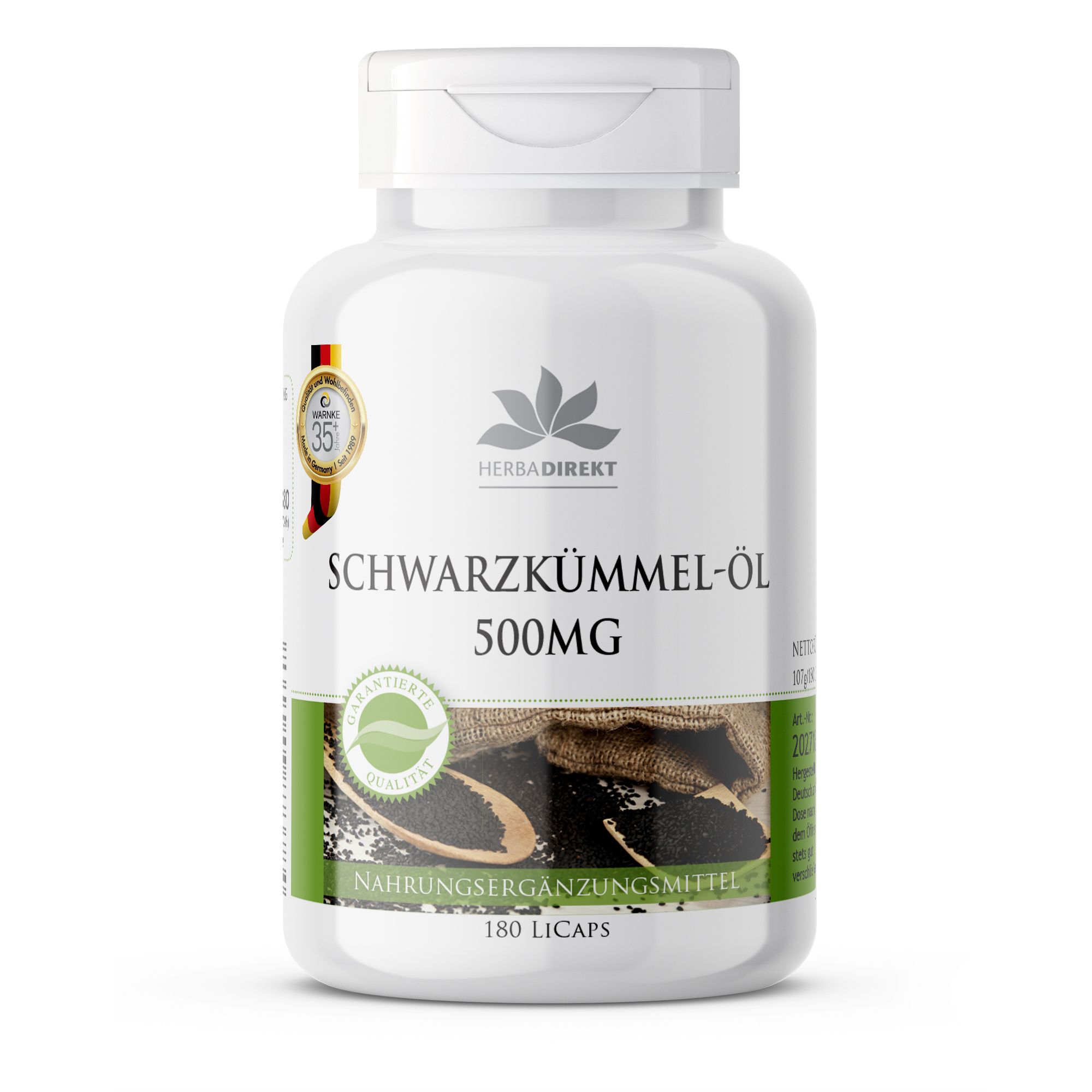 Flacon blanc de gélules "SCHWARZKÜMMEL-ÖL 500MG". Label "GARANTIERTE QUALITÄT". Logo "Herbadirekt".