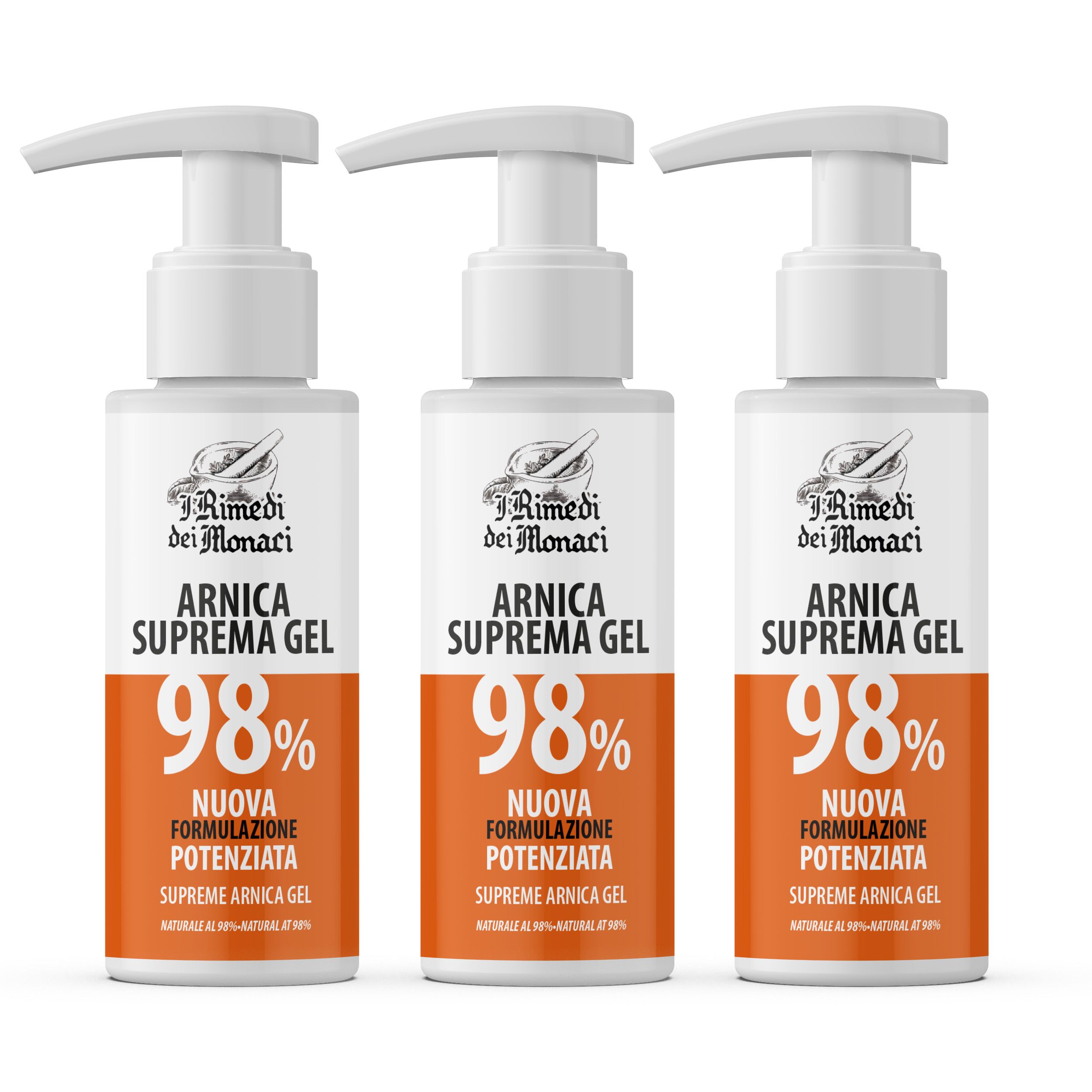 Drie gel flessen met pomp. Opschrift: Arnica Suprema Gel 98%. Merk: I Rimedi dei Monaci.