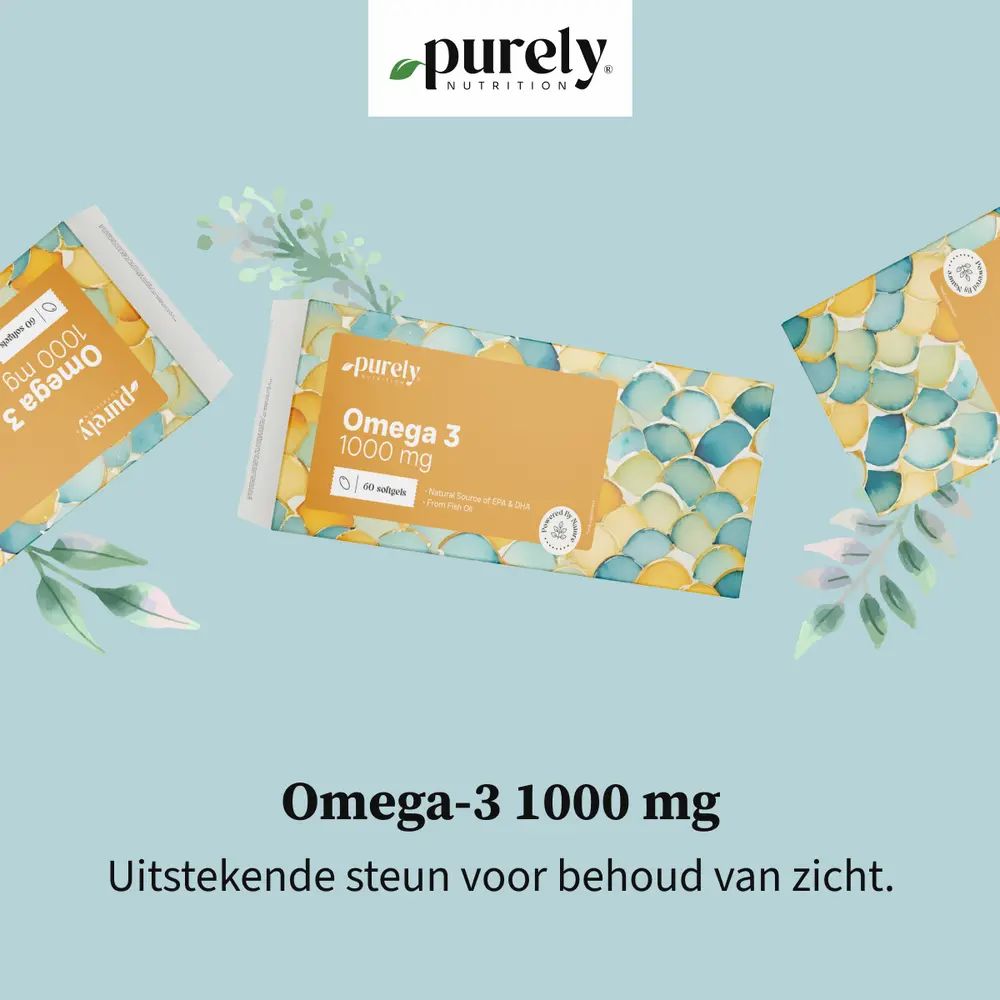 Drie verpakkingen Purely Omega-3 1000 mg. Tekst: Uitstekende steun voor behoud van zicht.