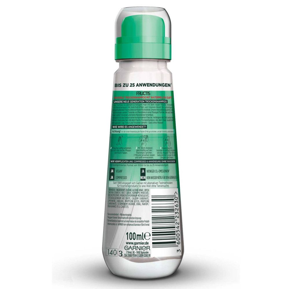 Achterkant van de Garnier Fructis droogshampoo fles. Tekst: Tot 25 toepassingen. 100 ml. Website adres.