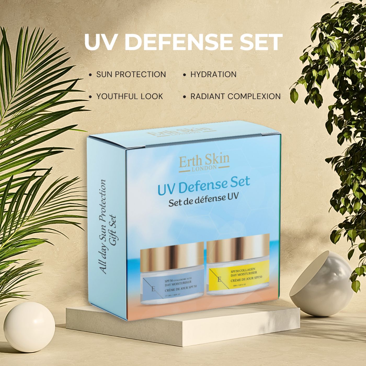 Cadeauset met twee crèmes. "Erth Skin London UV Defense Set". Crèmes met gouden deksels en etiketten. Gepresenteerd op een sokkel.