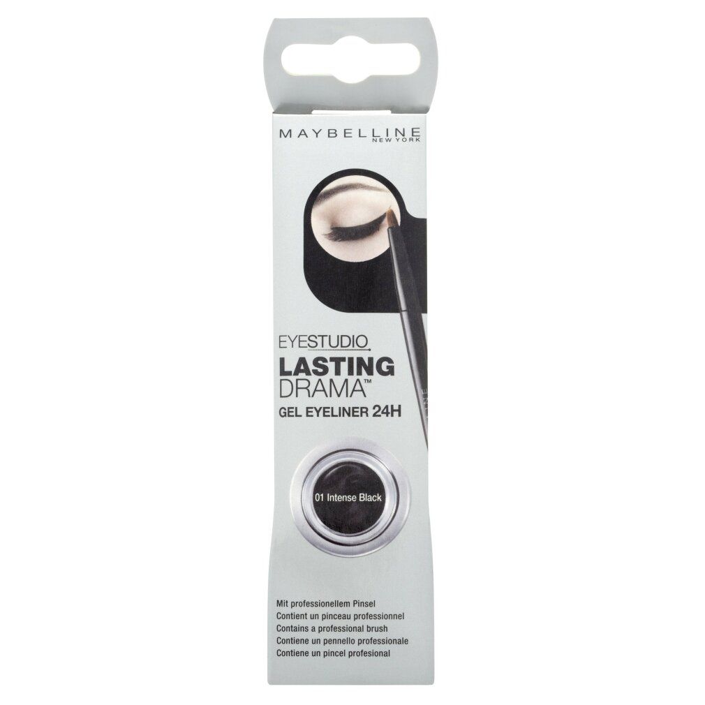 Verpakking met zwarte gel eyeliner. Merk Maybelline New York. Tekst: Eye Studio, Lasting Drama 24H.