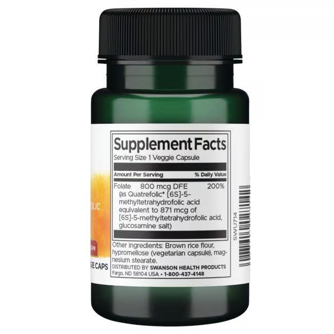Achterkant van de groene fles. Label met "Supplement Facts" en voedingsinformatie. Tekst: "SWANSON HEALTH PRODUCTS".