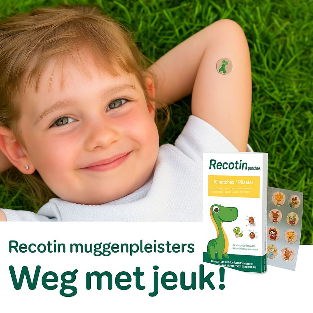 Kind ligt in gras met pleister op arm. Verpakking Recotin pleisters ernaast. Opschrift: 'Weg met jeuk!'